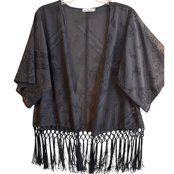 Festival Whimsigoth Cowboy Black Kimono Sheer Duster Cardigan Fringe Floral Mesh - Picture 2 of 16